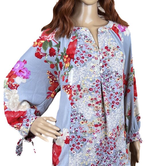 Fig and Flower Floral Boho V-Neck Crepe Tunic Mother of Pearl Buttons Sz XL NWOT - Picture 1 of 10